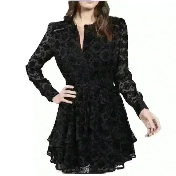 ALLISON NEW YORK- Burnout Velvet Ruffle Dress In Black Size XS EUC! - Picture 3 of 10